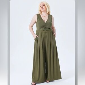SOLID ELASTIC WAIST POCKET WIDE LEG PANTS CURVE & PLUS SW2-18 1XL